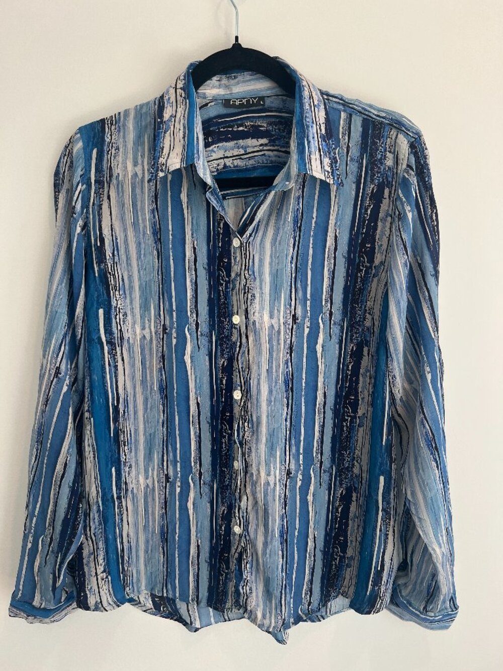 PNY Blue Abstract Vertical Stripe Button Down Blouse Shirt Large